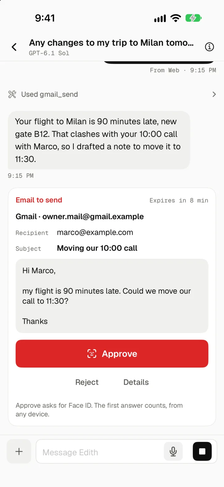 The iPhone app: Bassotto says the flight to Milan is 90 minutes late, new gate B12, and that it drafted a note to move the 10:00 call with Marco to 11:30; below, the approval card with the exact email and an Approve button.