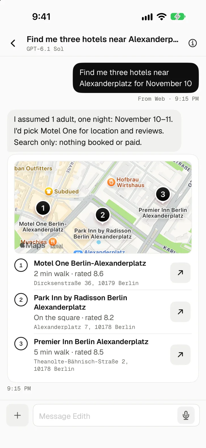 The iPhone app: you ask for three hotels near Alexanderplatz for November 10; Bassotto answers with three Berlin hotels numbered on a map, walking times and ratings, and the note: search only, nothing booked or paid.